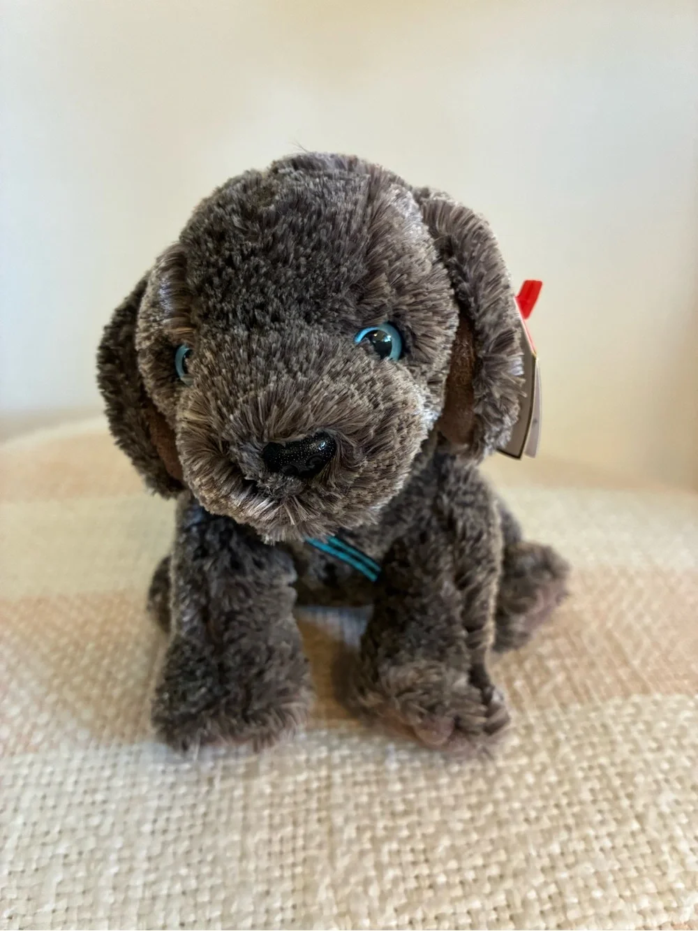 Ty Beanie Babies - “Frisbee” the Gray Dog - Plush Puppy with Blue Plaid Ribbon
